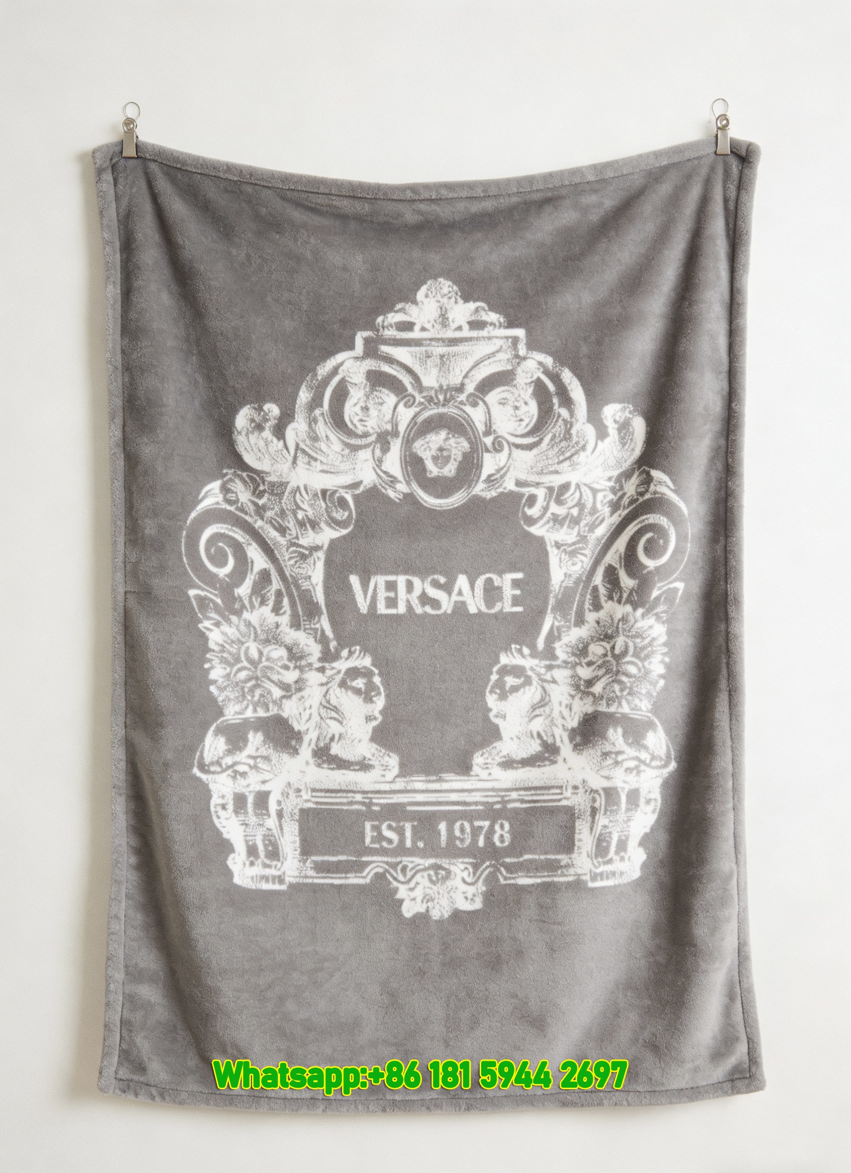 Versace Heather Grey White Baroque Lion Crest 1978 Printed Flannel Throw Blanket IMG_1263